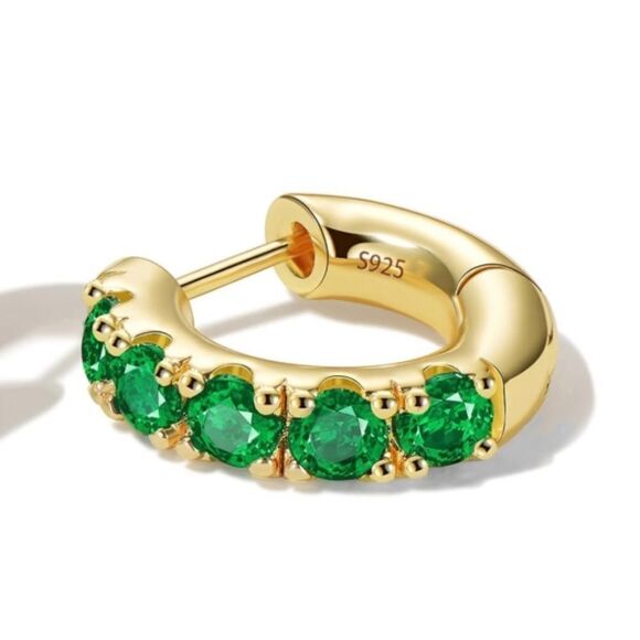 14K Yellow Gold 925 Sterling Silver Emerald Green Cubic Zirconia Huggie Earrings - Picture 2 of 7